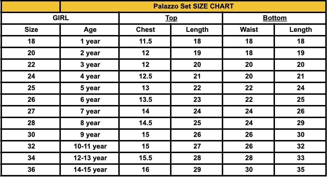 Size Chart Kids Choli Palazzo Dress - Age 2 to 15 Years Measurements