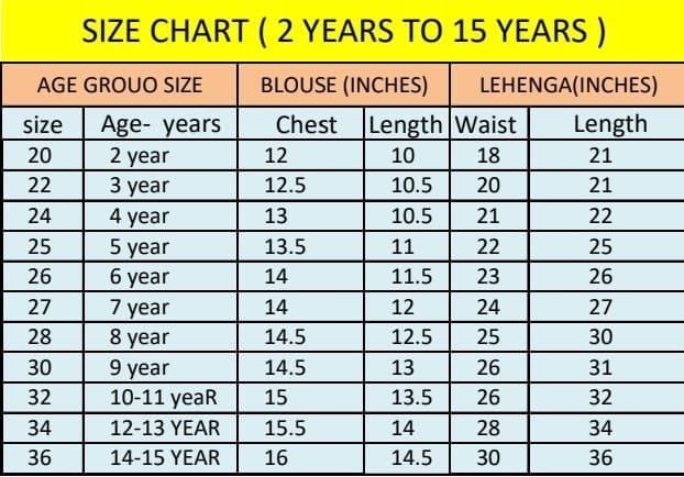Size Chart Kids Lehanga Chunni Dress - Age 2 to 15 Years Measurements